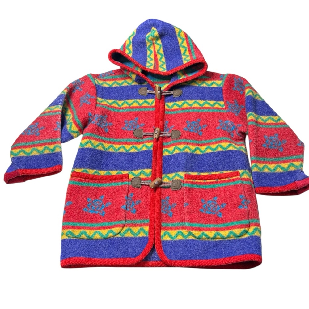Vintage Kids Aztec Turtle Wool Blend Hooded Toggle Jacket Red Multi Youth L